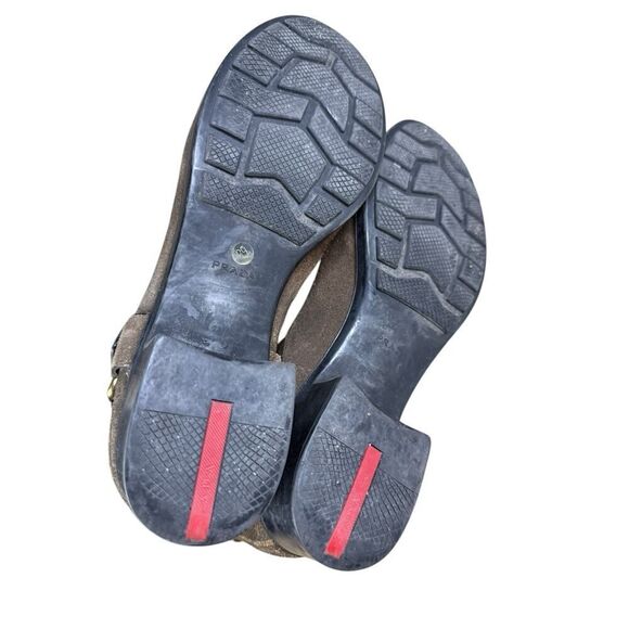 Prada Brown Mid calf Suede Biker Boots with Gold Buckle Logo EU 39 US 9 - Picture 12 of 13